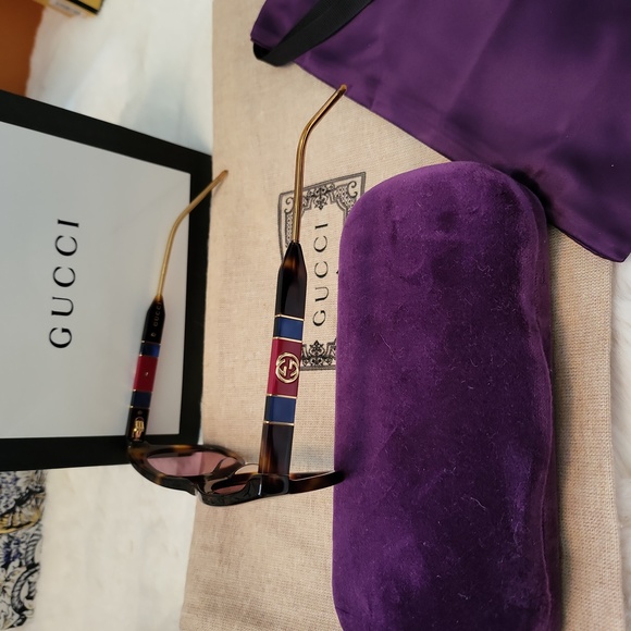 NWOT GUCCI GG 0598S-003 NOVELTY HAVANA FRAME PINK LENS GG WEB LOGO SUNGLASSES - Picture 4 of 5